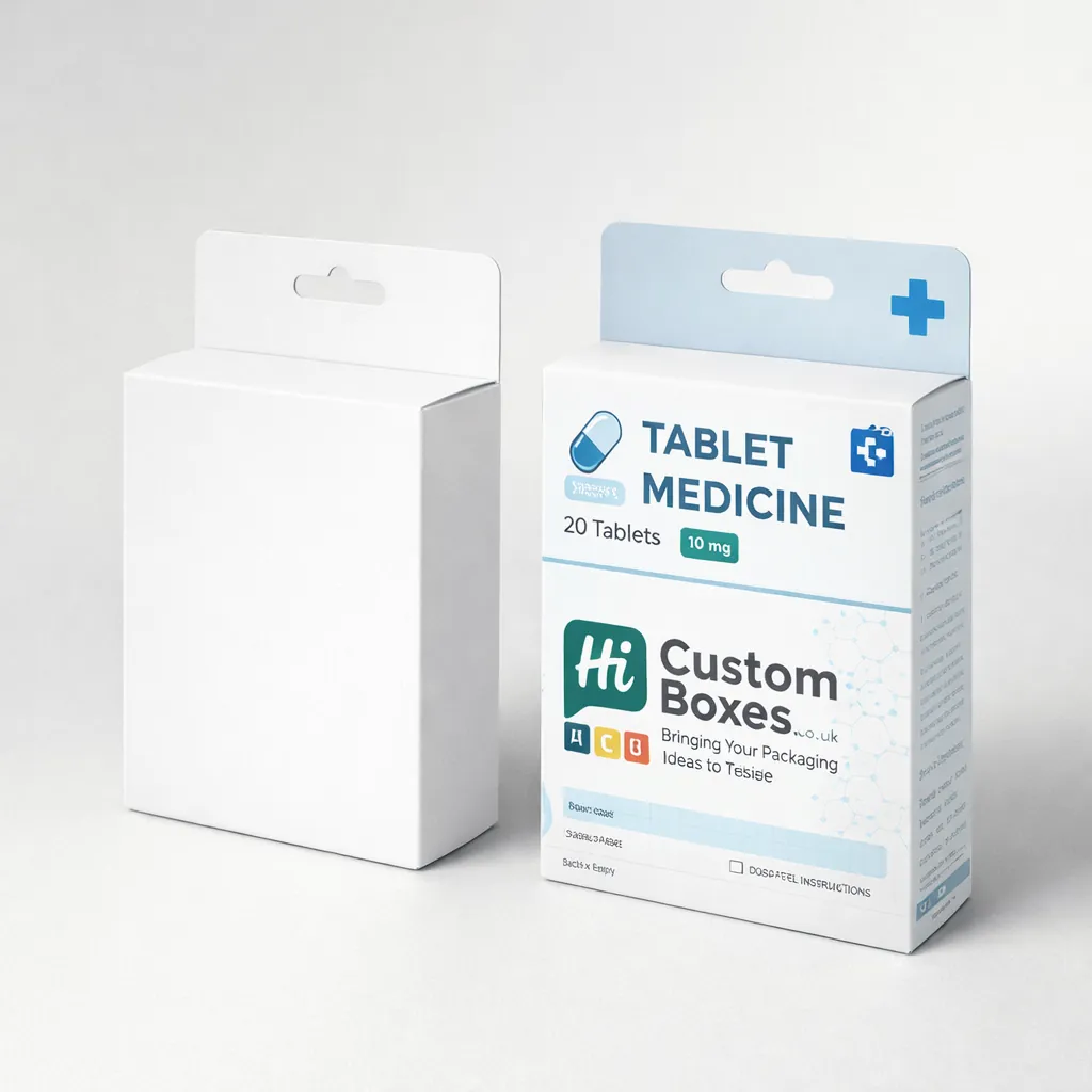 A plain white hanging medicine box next to a branded blue and white tablet box. class=